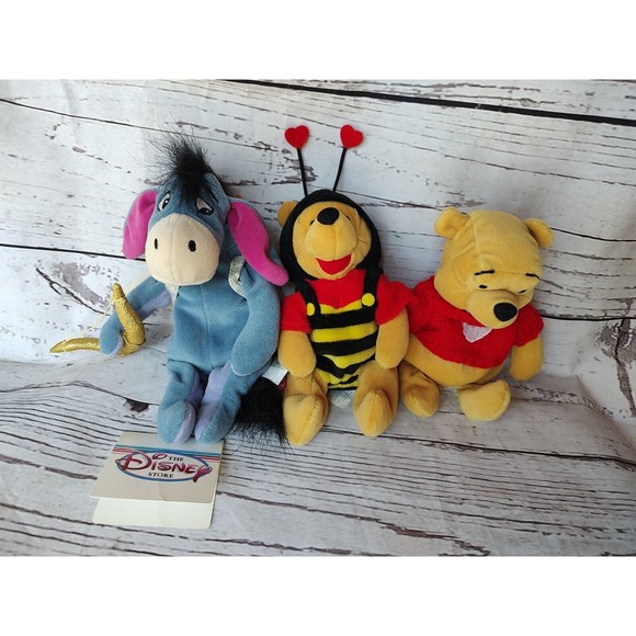 Disney Winnie The Pooh Plush Beanies Lot of 3 Valentine Love Pooh Eeyore Cupid - Picture 1 of 10